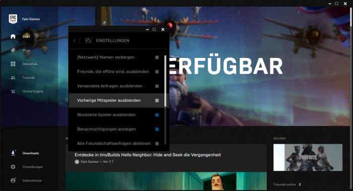 Freundeslisten lassen sich komfortabel verwalten. (Bild: Epic Games/Screenshot: Golem.de)
